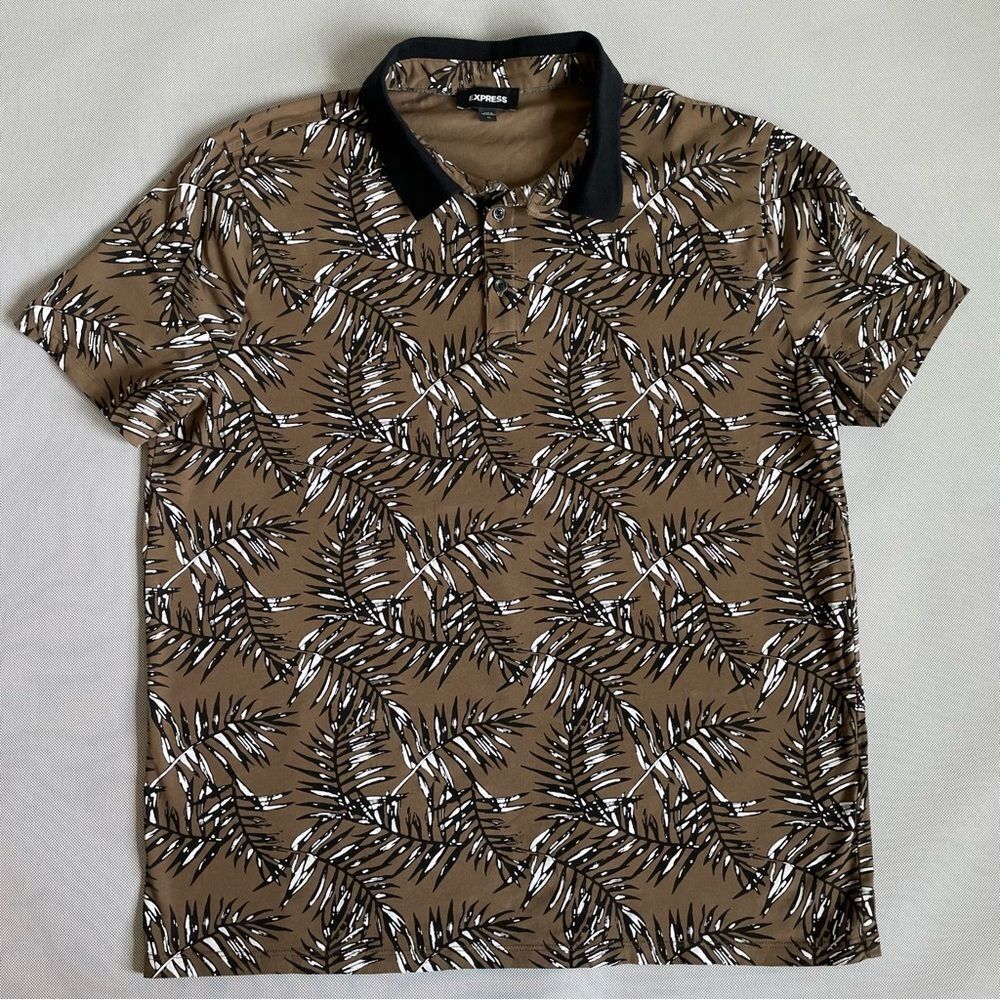 Express Brown & Black Hawaiian Polo Tee Shirt Men’s Size XL